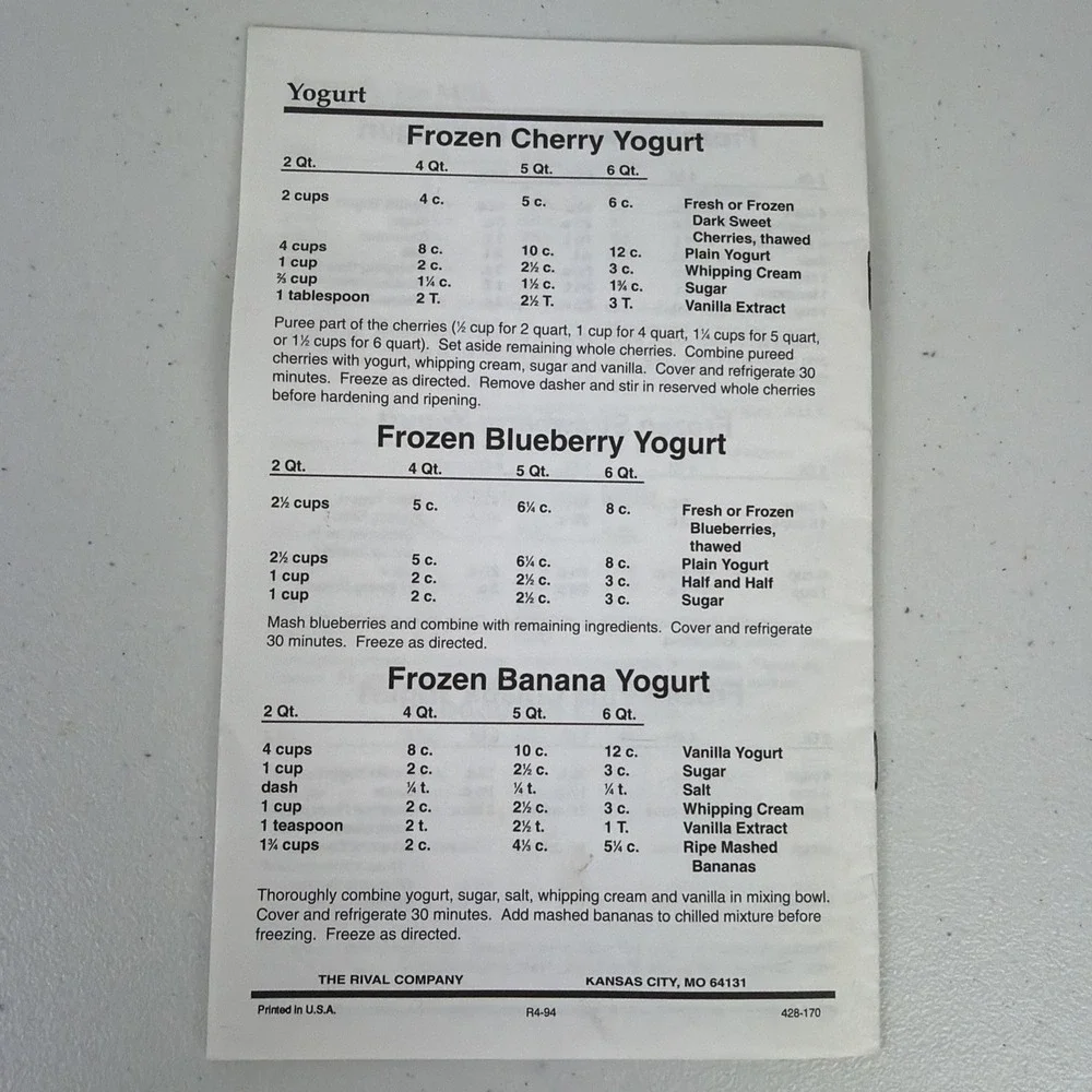 Rival Ice Cream And Frozen Yogurt Maker Instructions And Recipe Booklet All